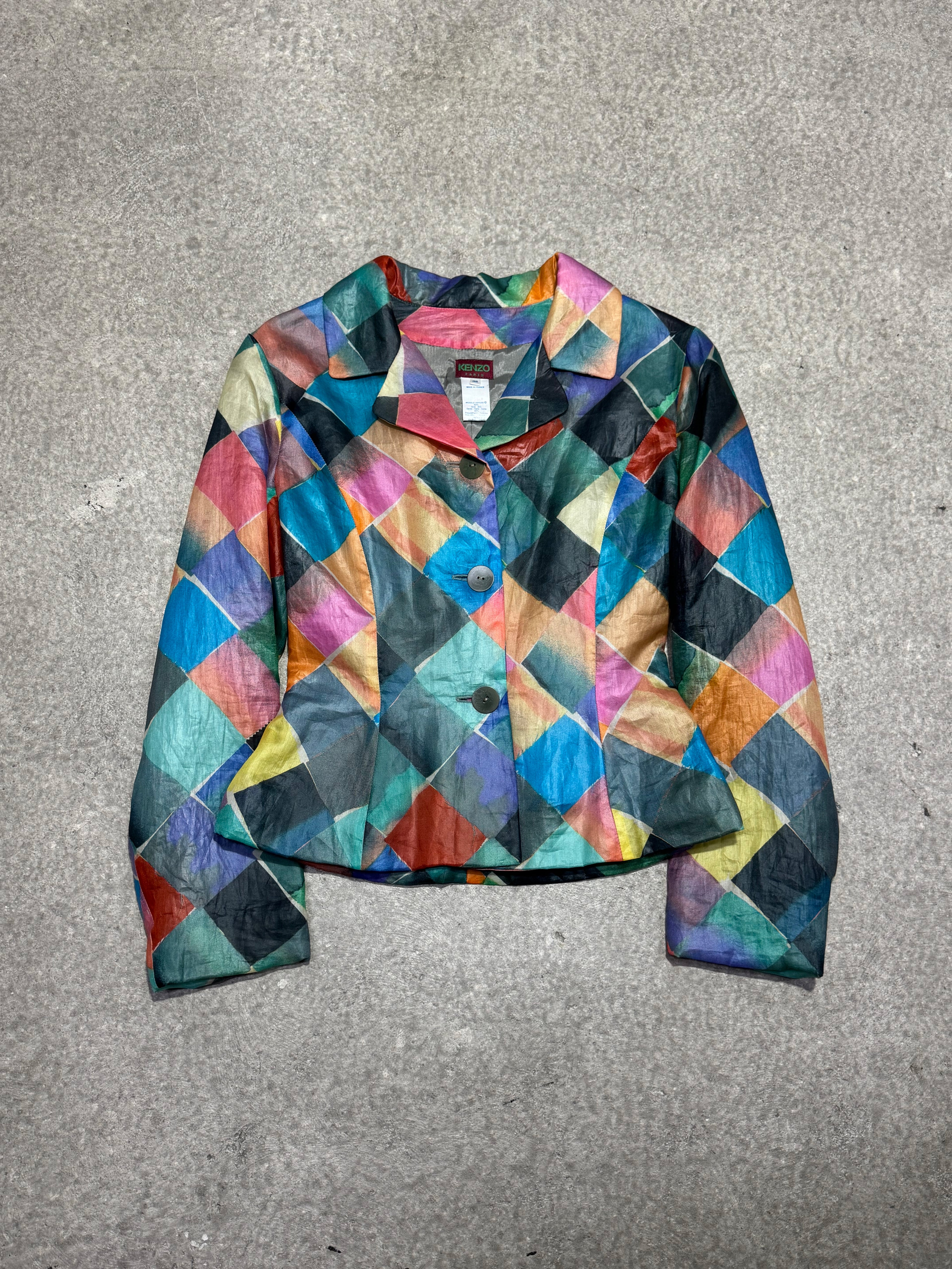 1990S KENZO SILK GEOMETRIC PATCHWORK JACKET
