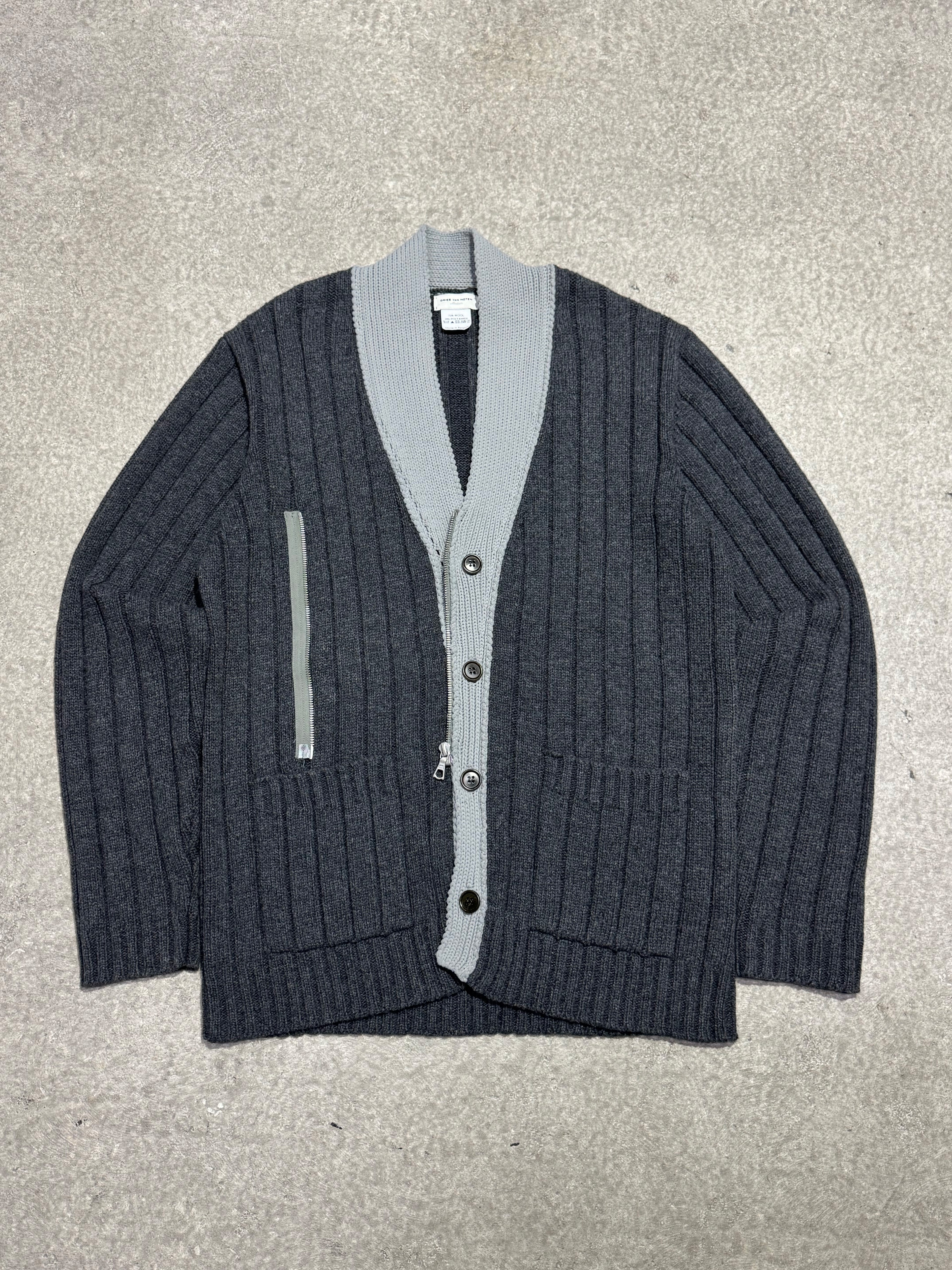 EARLY 2000S DRIES VAN NOTEN WOOL ASYMMETRIC SWEATER WITH FRONT BUTTONS AND SIDE ZIP