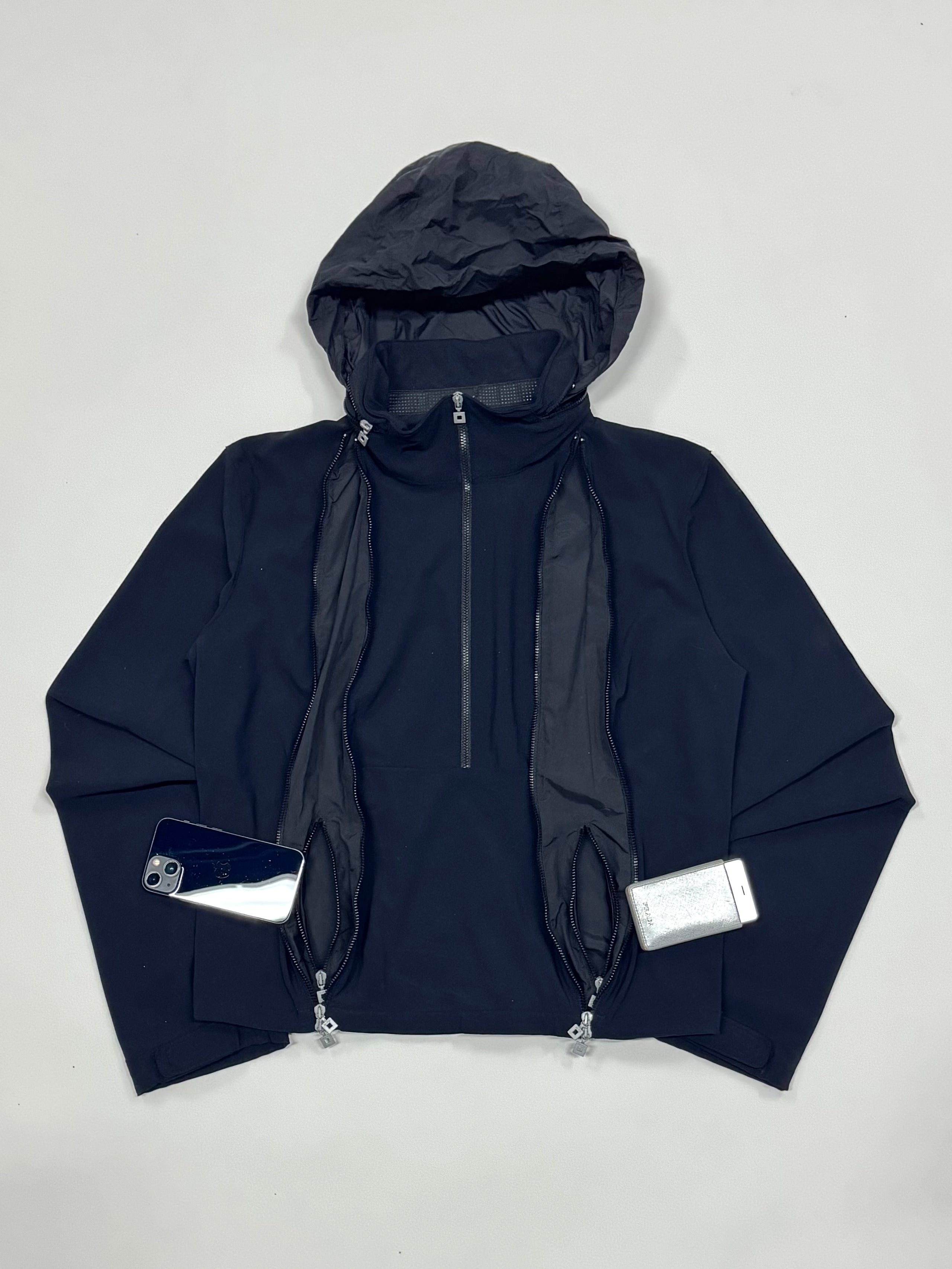 2000s Marithé + François Girbaud technical jacket hidden hood and expandable zip pockets