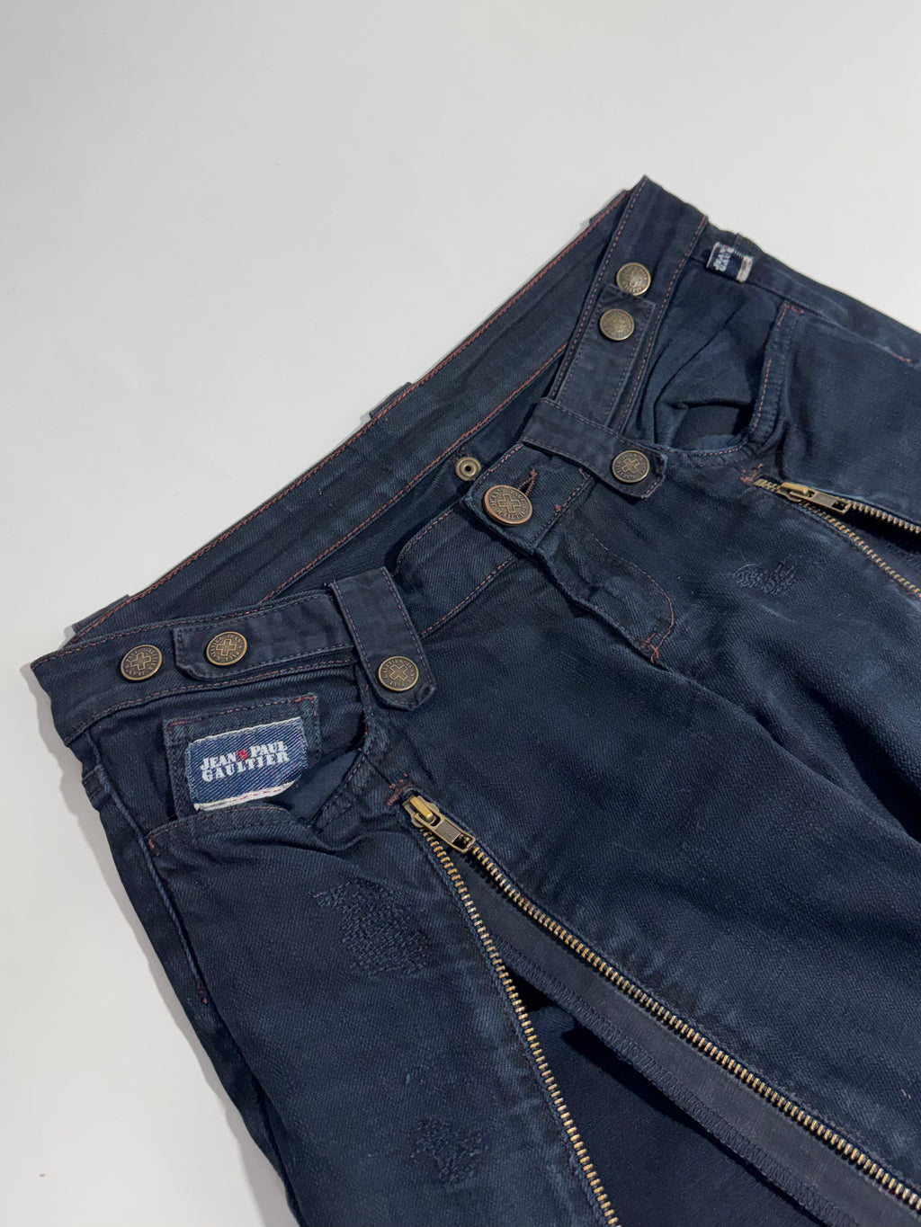 2000s Jean Paul Gaultier jeans deconstructed denim jeans front leg zippers