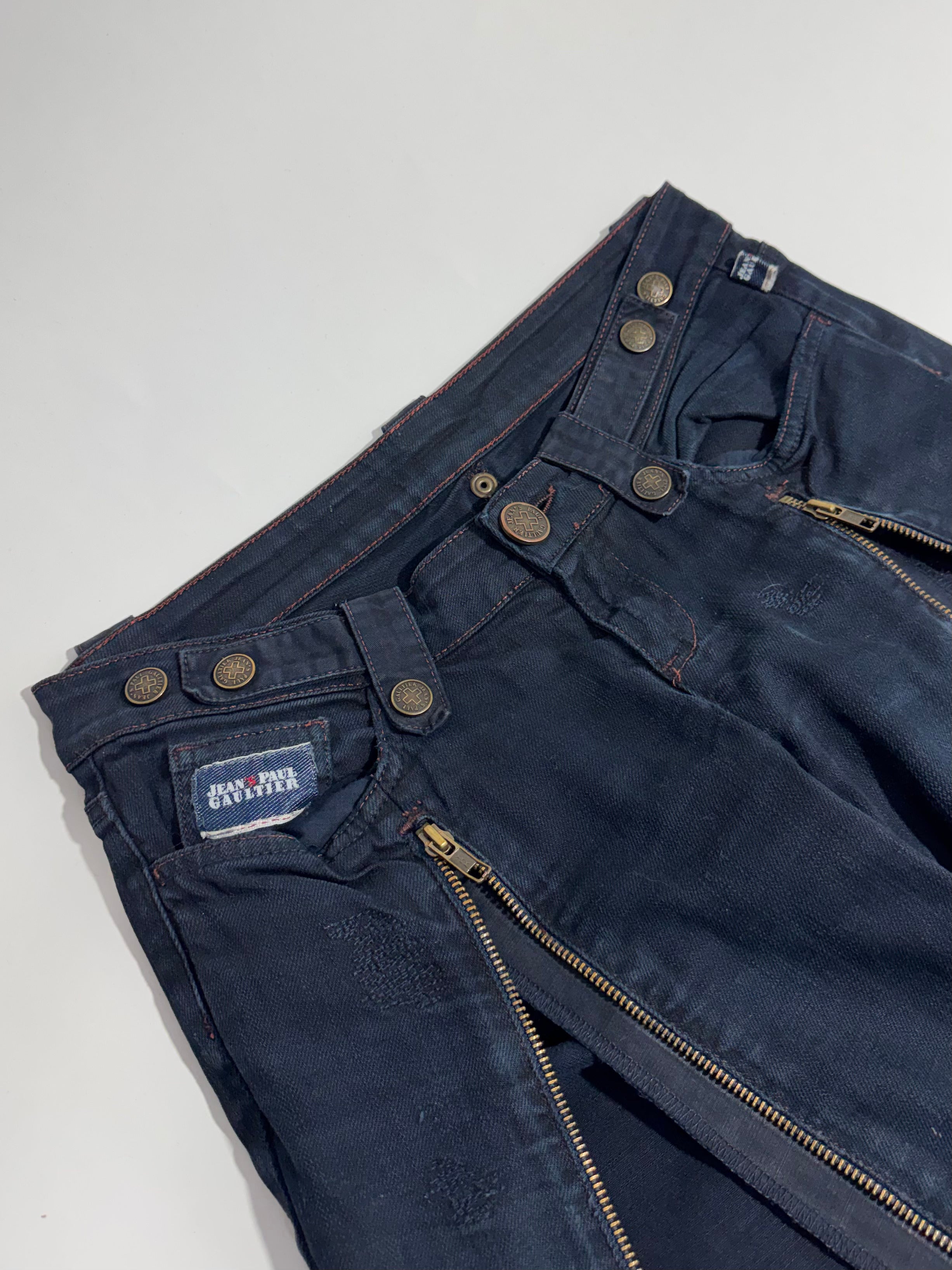 2000s Jean Paul Gaultier jeans deconstructed denim jeans front leg zippers