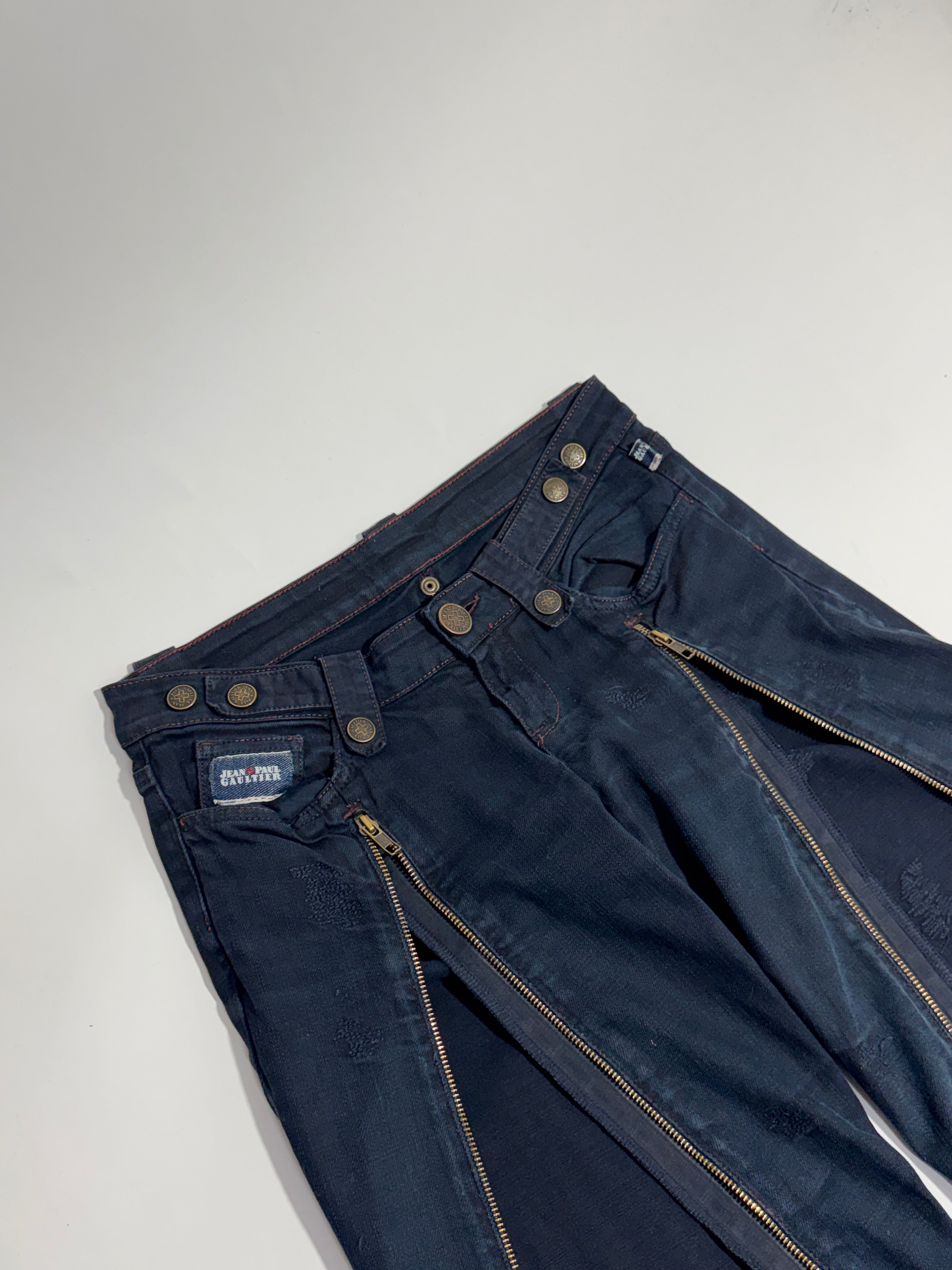 2000s Jean Paul Gaultier jeans deconstructed denim jeans front leg zippers