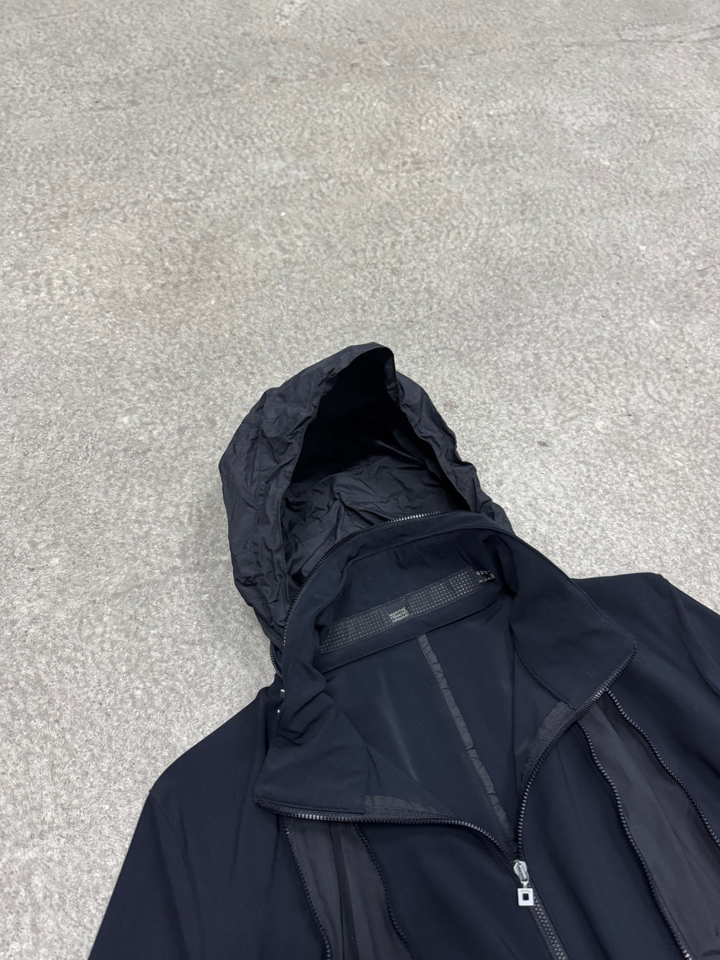 2000s Marithé + François Girbaud technical jacket hidden hood and expandable zip pockets