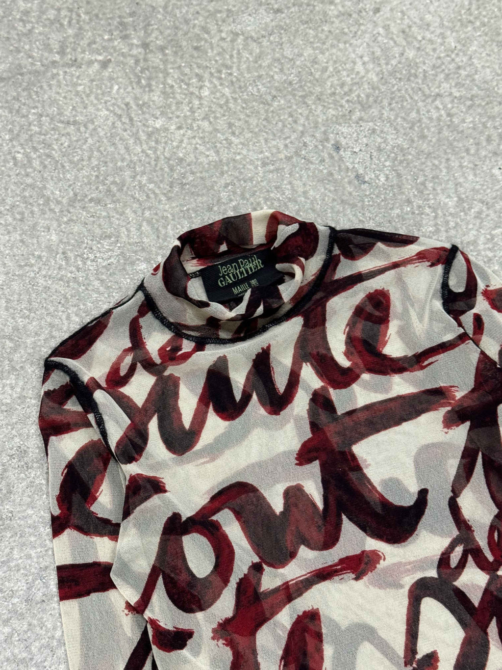 AW 2001 Jean Paul Gaultier blood script mesh long sleeve