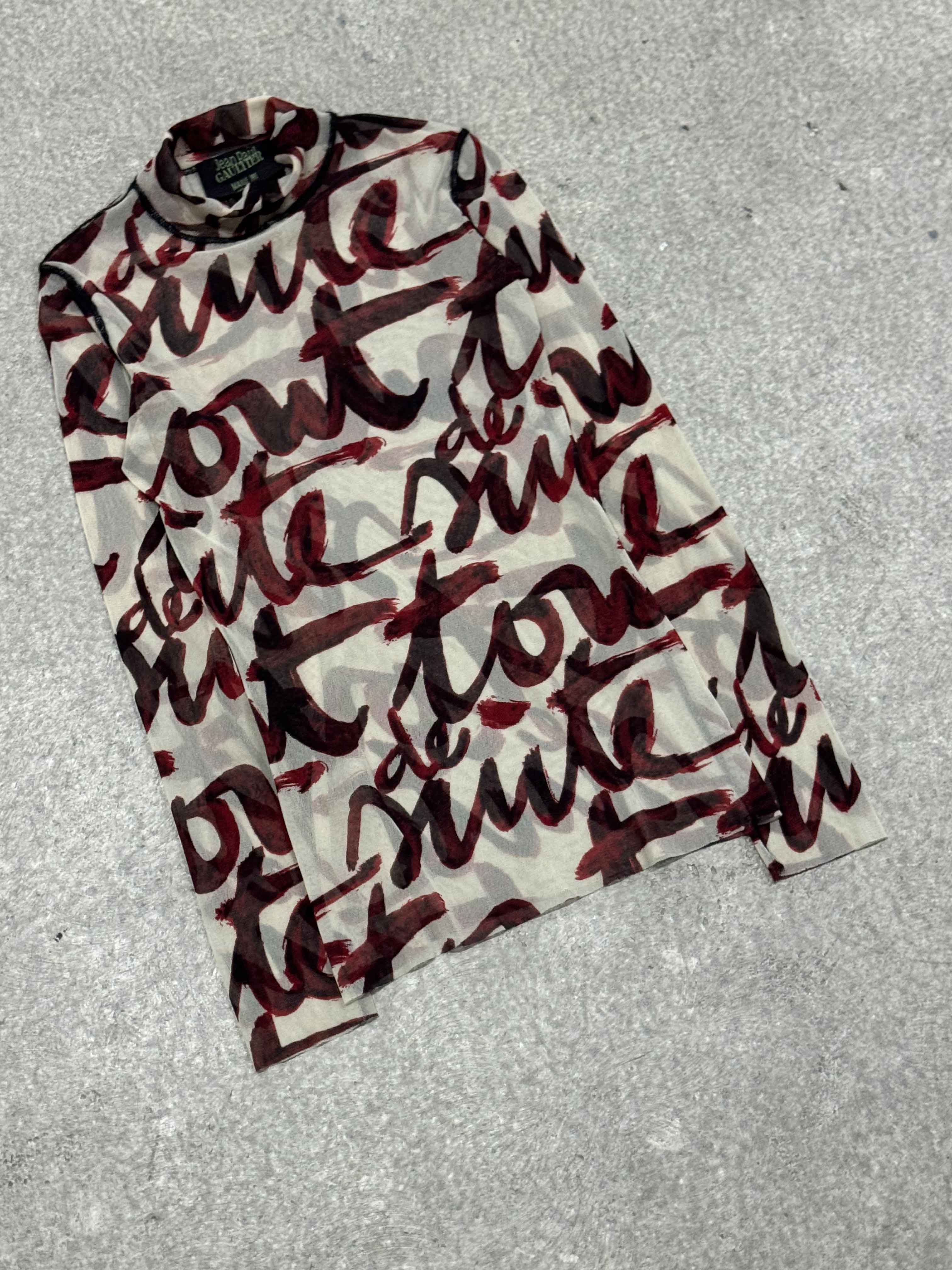 AW 2001 Jean Paul Gaultier blood script mesh long sleeve