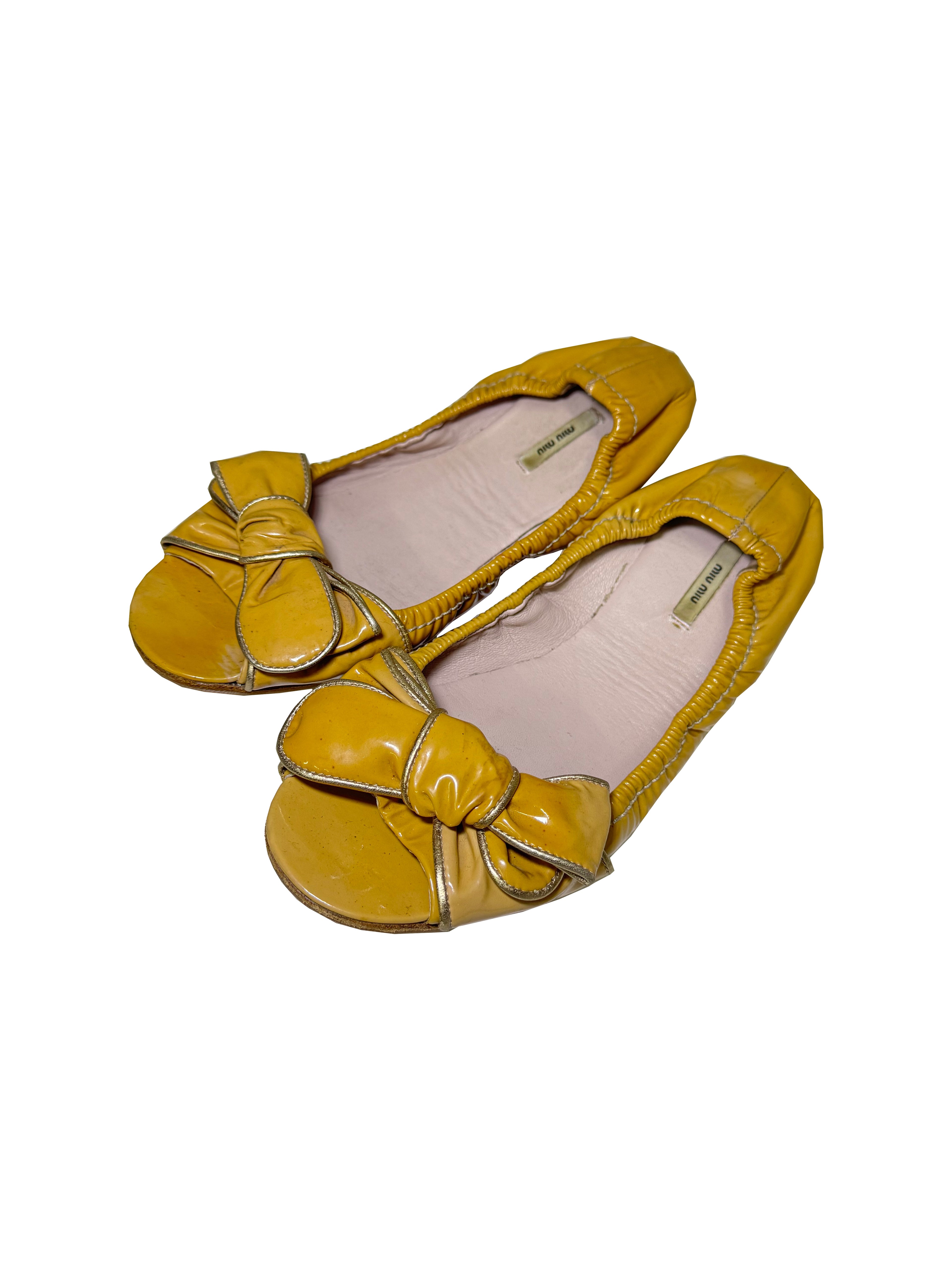 2000s Miu Miu mustard patent leather ballet flat