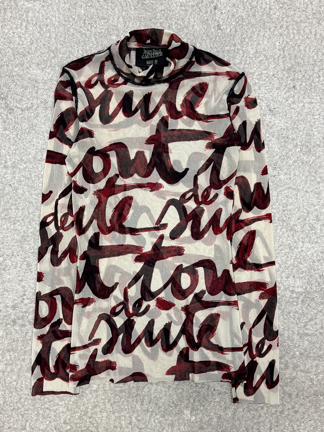 AW 2001 Jean Paul Gaultier blood script mesh long sleeve